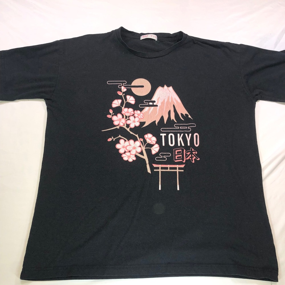 Romwe Tokyo Japan Graphic T-Shirt Black Mt Fuji Cherry Blosso Y2K Small